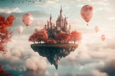 Fantasy Floating Castle With Hot Air Balloons