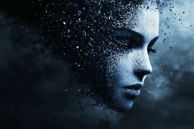Digital Human Face Dissolving Into Abstract Particles