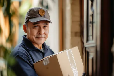 Friendly Delivery Driver Holding A Cardboard Package