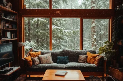 Cozy Living Room Interior During A Snowy Winter Day