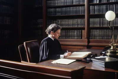 Female Judge Writing In A Law Book In Library