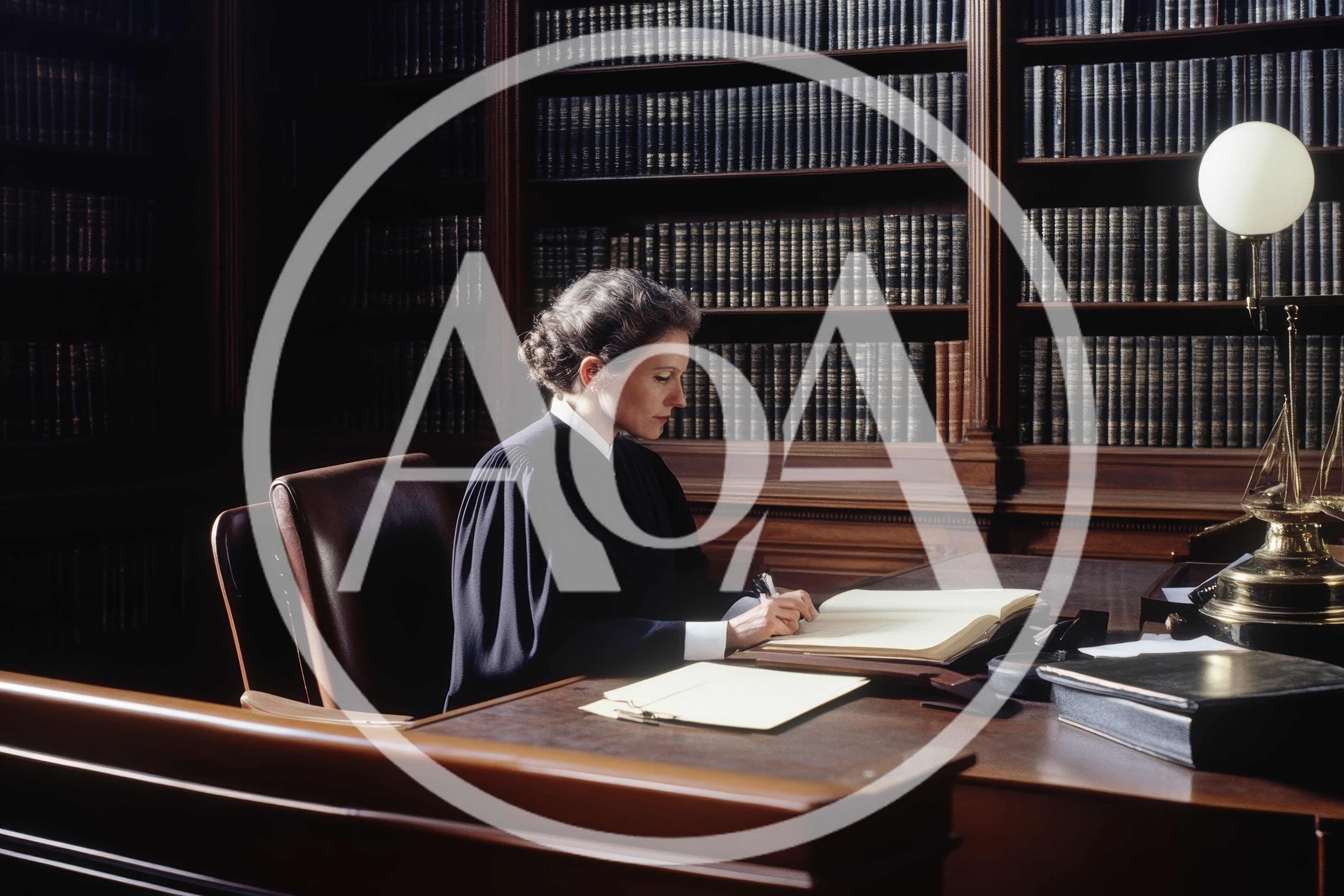 Female Judge Writing In A Law Book In Library