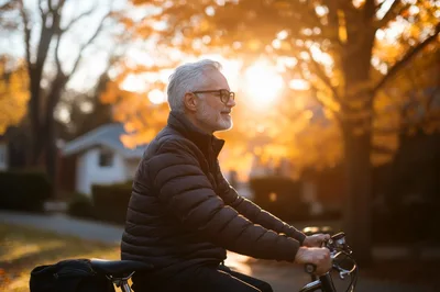 Senior Man Riding Bicycle During Golden Hour