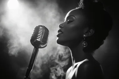 Elegant Jazz Singer Performing With Vintage Microphone