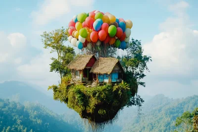 Floating Island With Thatched Houses And Colorful Balloons
