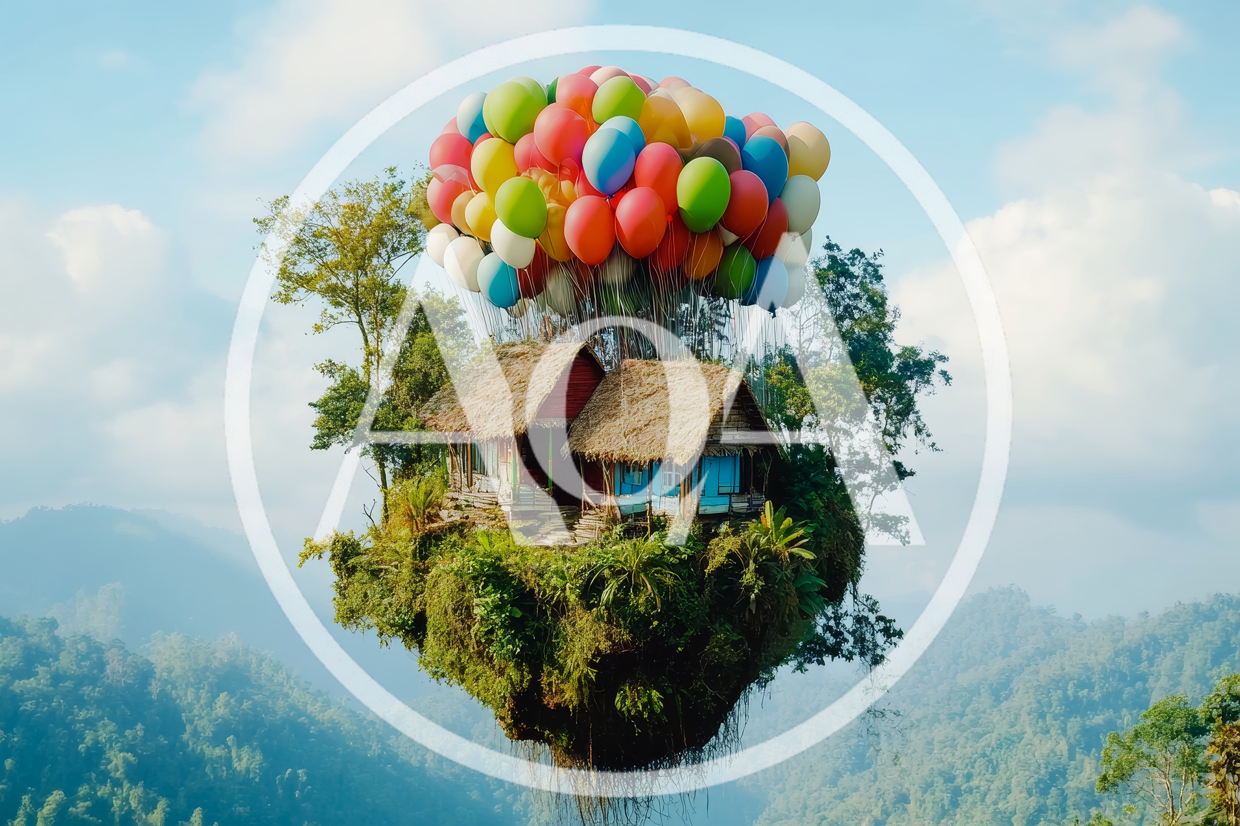 Floating Island With Thatched Houses And Colorful Balloons