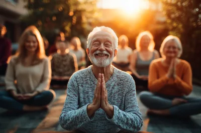 Senior Man Meditating With Group During Sunset