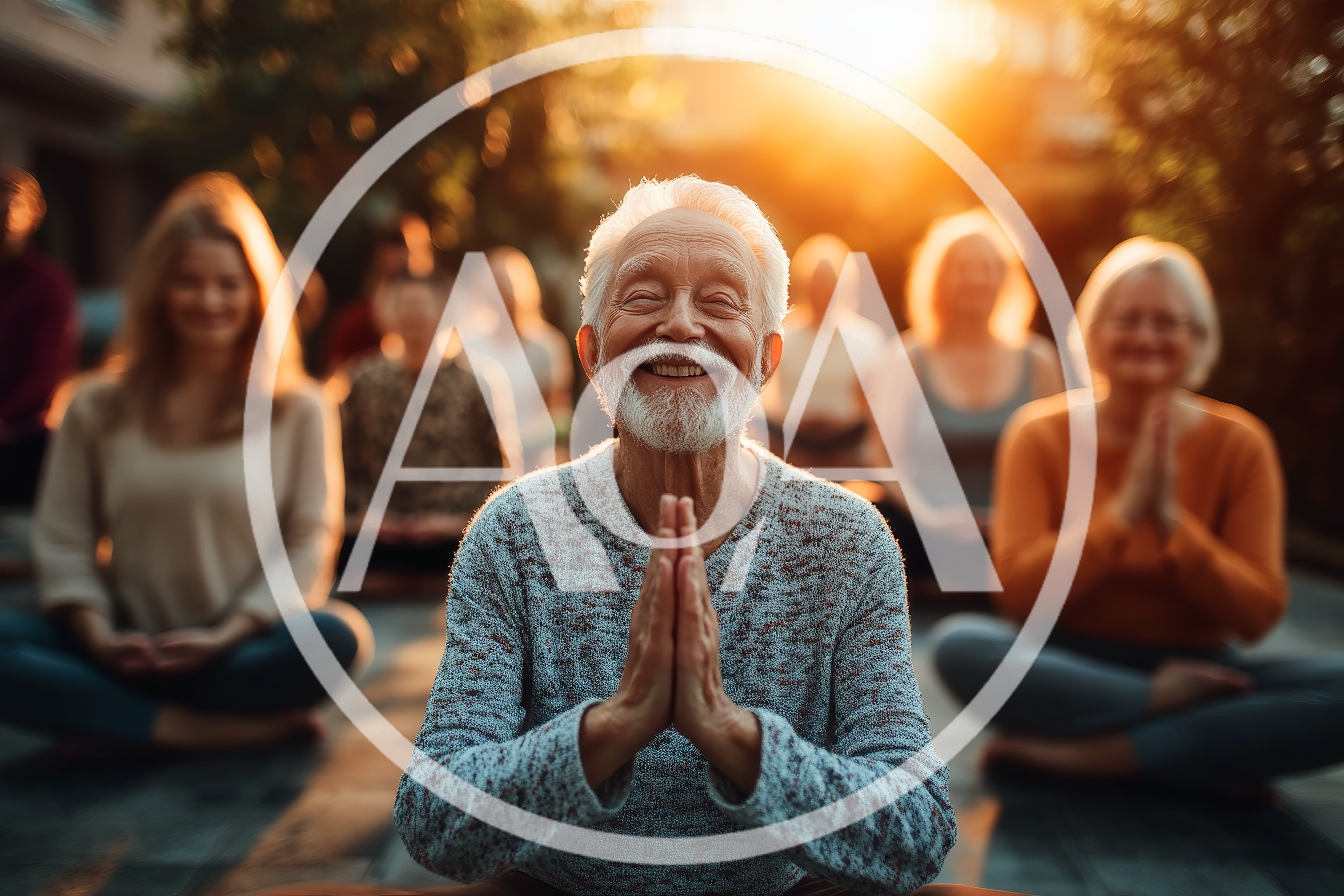 Senior Man Meditating With Group During Sunset