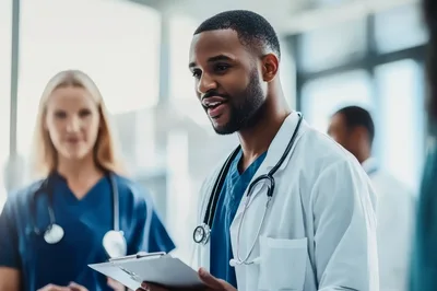 Diverse Medical Professionals Discussing Patient Care In Hospital