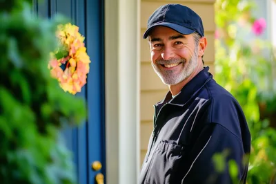 Friendly Delivery Driver Smiling At A Residential Door