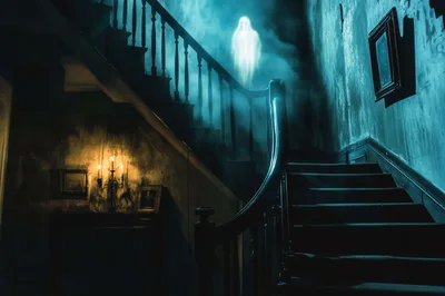 Ghostly Figure Floating Above Dark Haunted House Staircase
