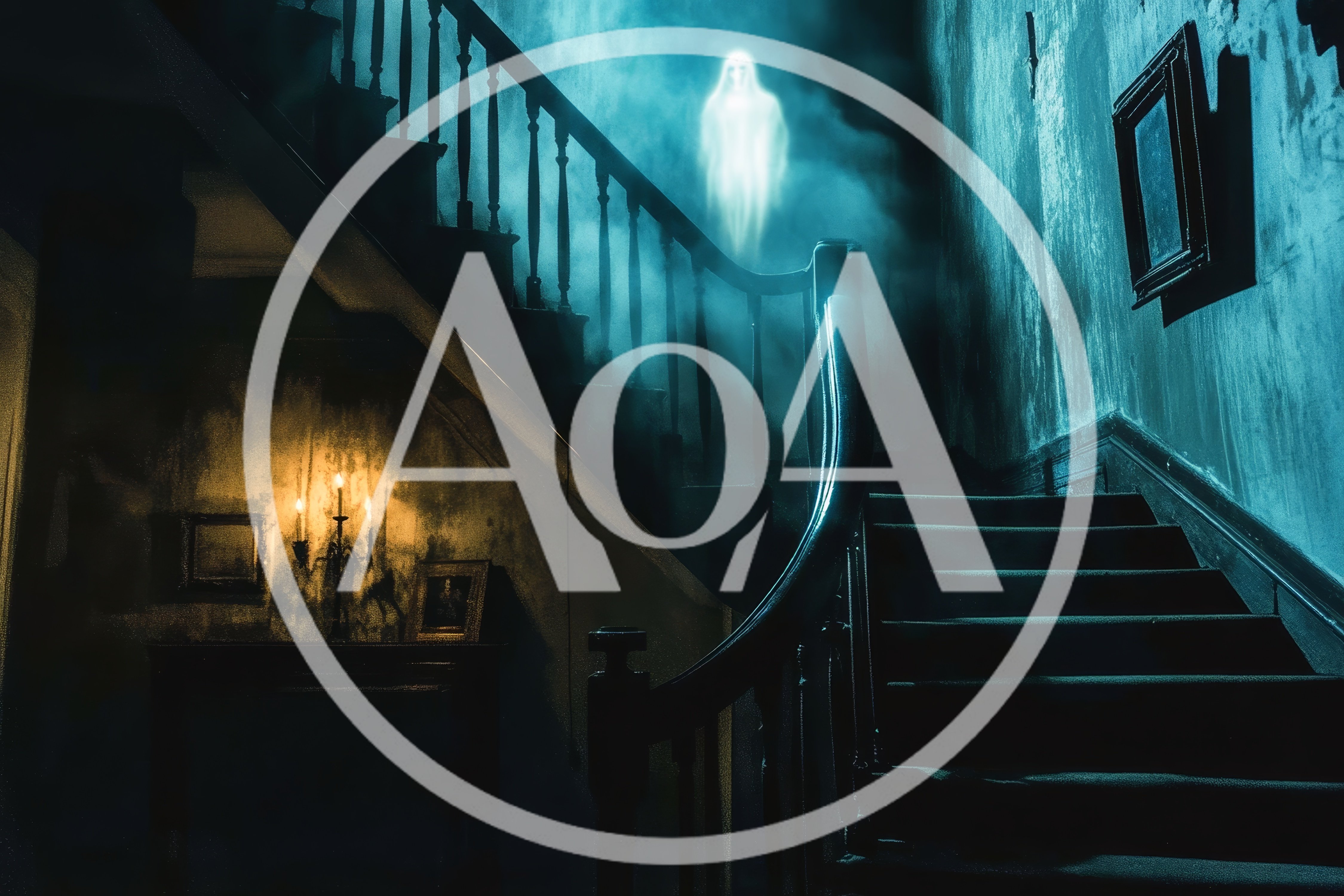 Ghostly Figure Floating Above Dark Haunted House Staircase