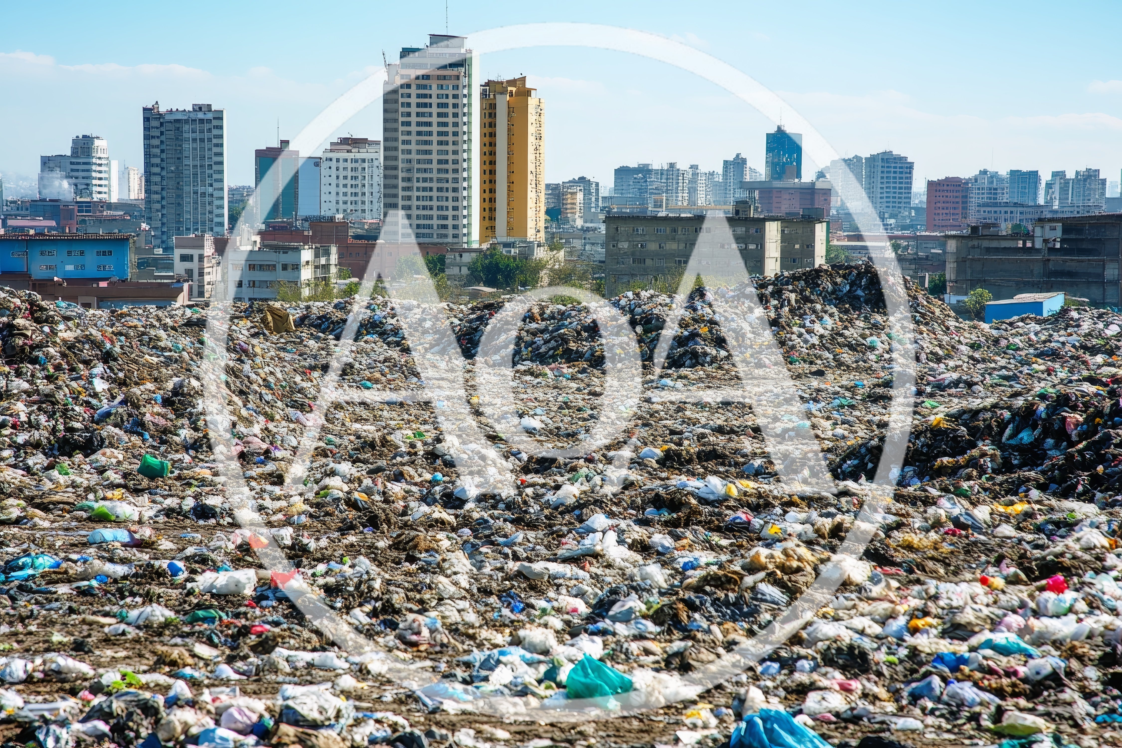 Massive Garbage Landfill Near Urban City Skyline