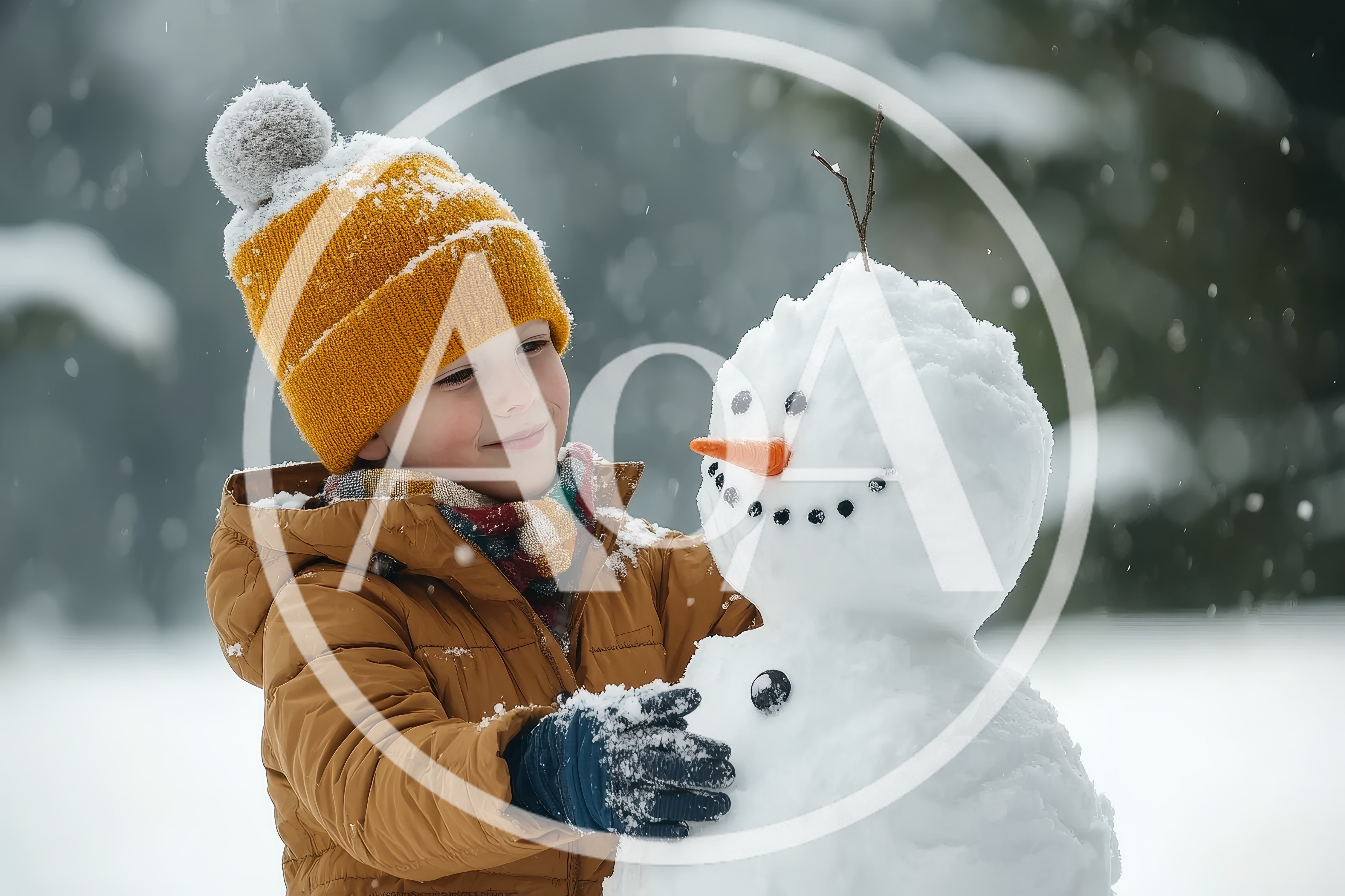 Young Boy Building A Snowman In Winter