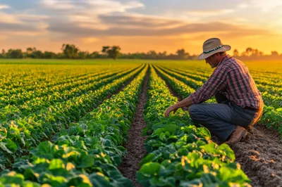 Farmer Inspecting Green Crops In Field At Sunset