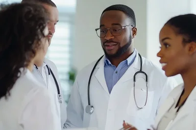 Diverse Medical Professionals Discussing Patient Care in Hospital