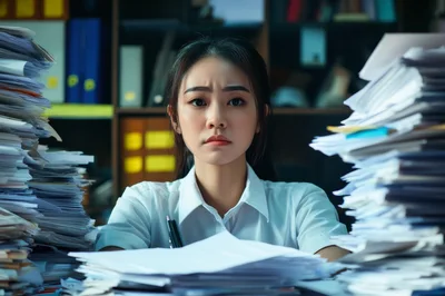 Stressed Office Worker Surrounded By Piles Of Paperwork