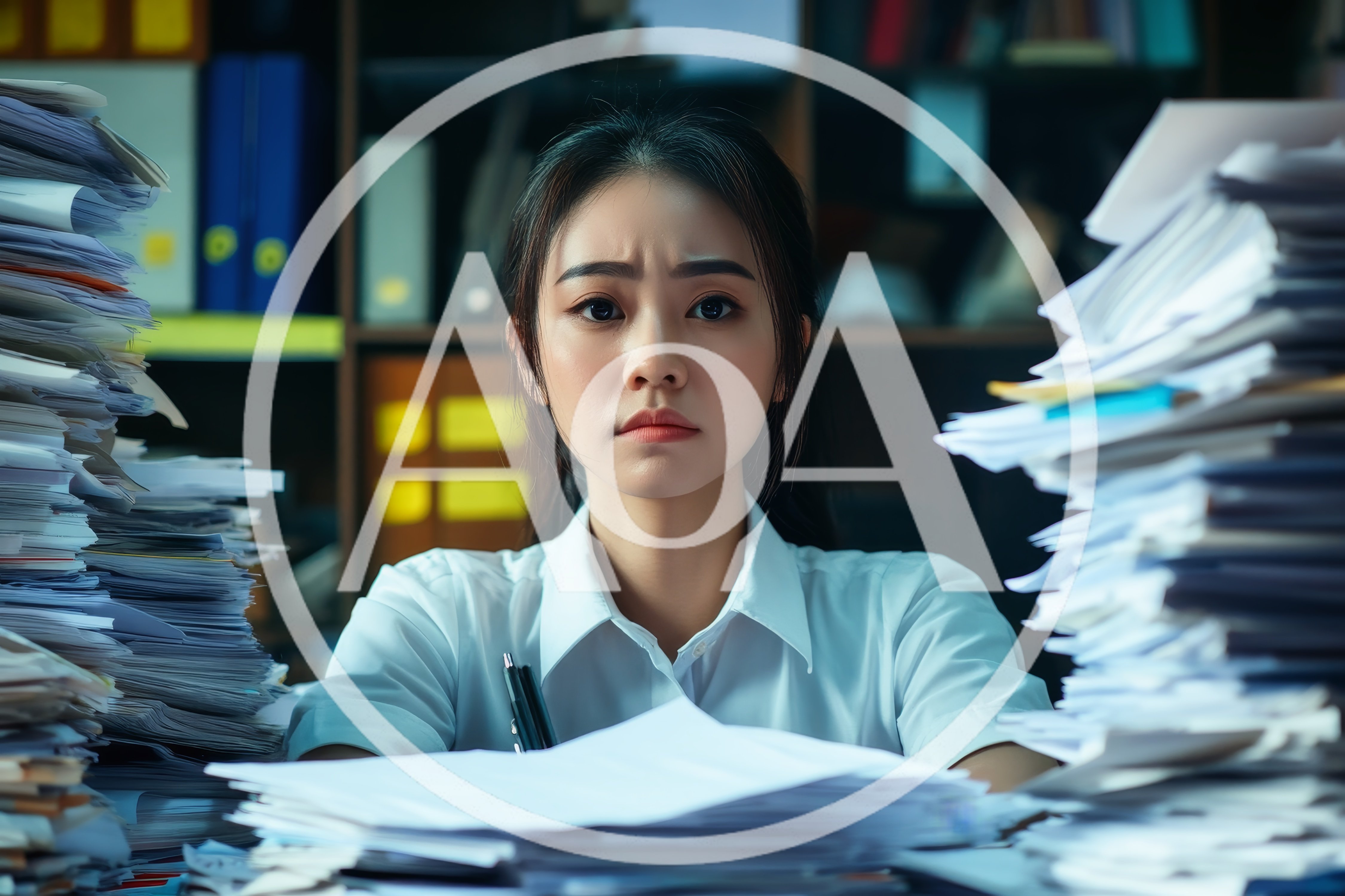 Stressed Office Worker Surrounded By Piles Of Paperwork