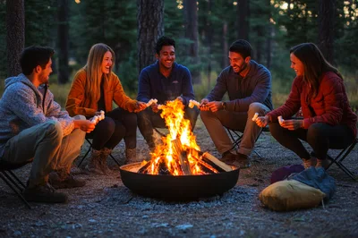 Friends Roasting Marshmallows Over A Campfire