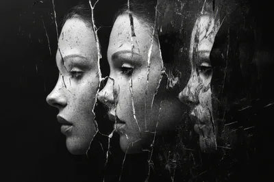 Surreal Triple Exposure Portrait Of A Woman Behind Cracked Glass