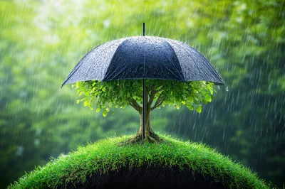 Small Tree Protected By Umbrella In Rain