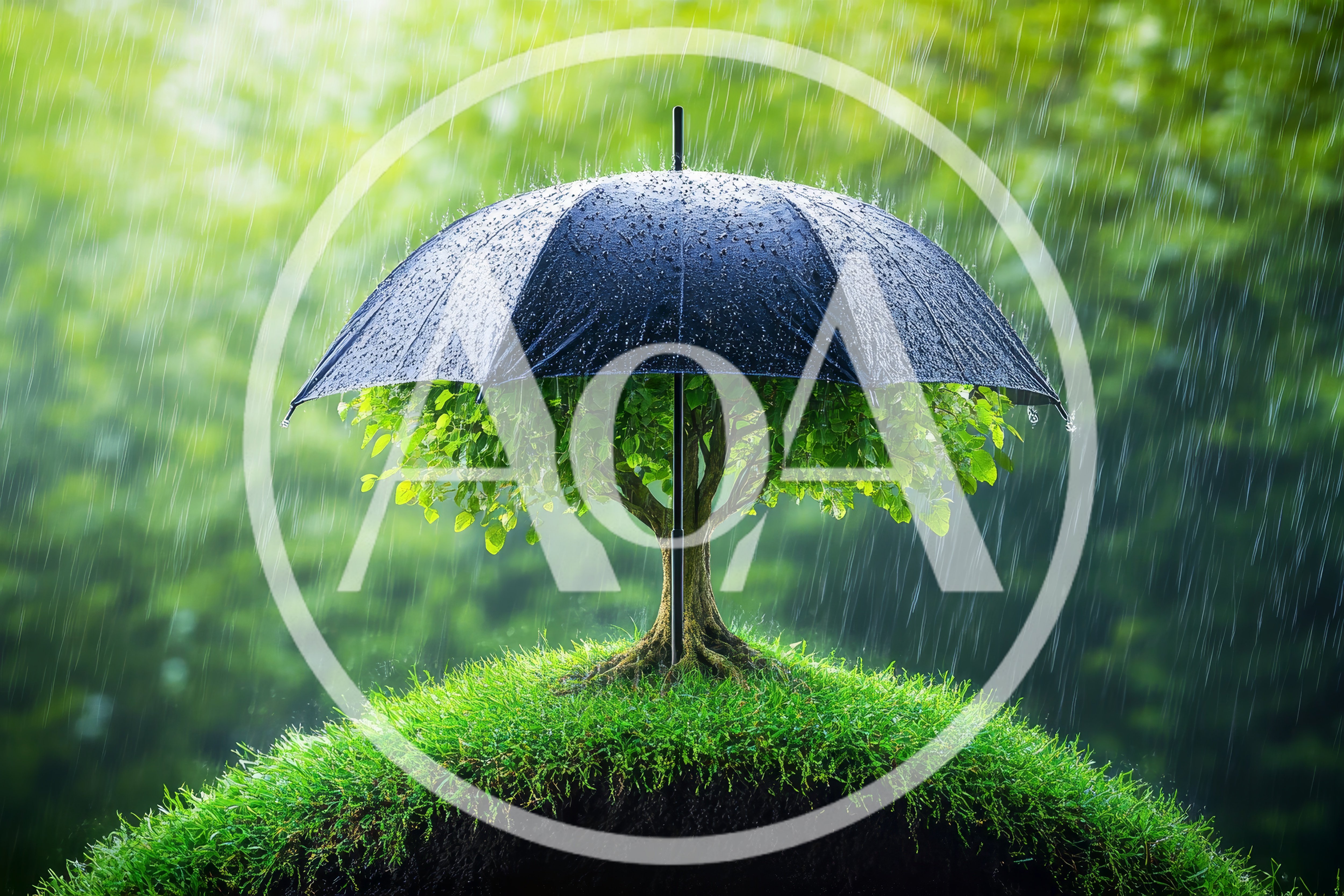 Small Tree Protected By Umbrella In Rain