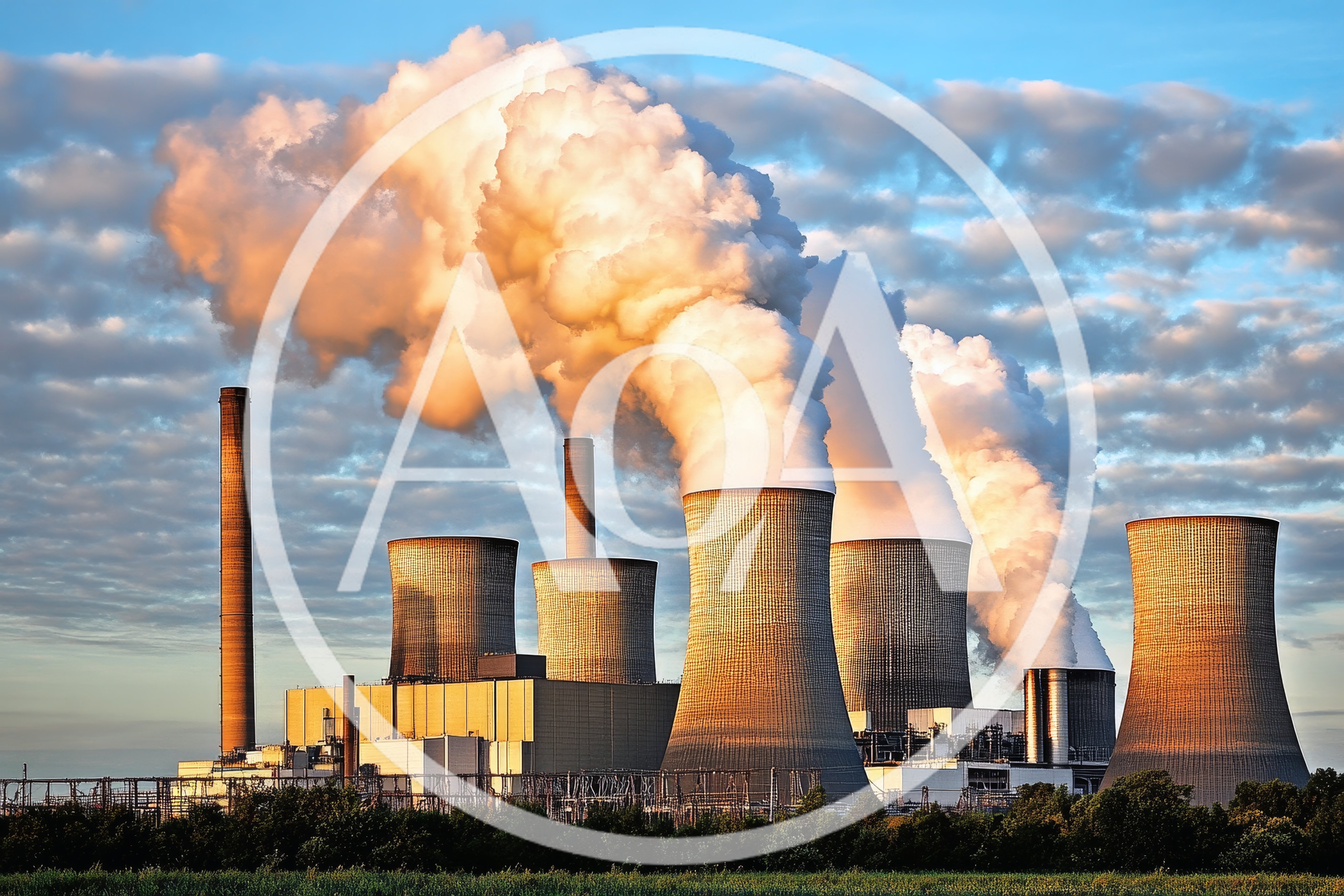 Industrial Power Plant Cooling Towers Emitting Steam