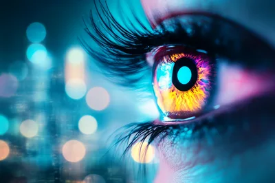 Extreme Close Up Of Human Eye With Neon Reflections