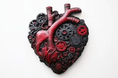 Steampunk Mechanical Heart Sculpture With Red Gears