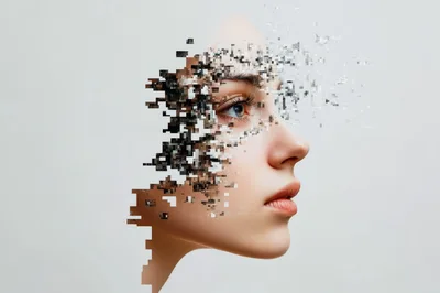 Digital Glitch Effect On Human Face Portrait