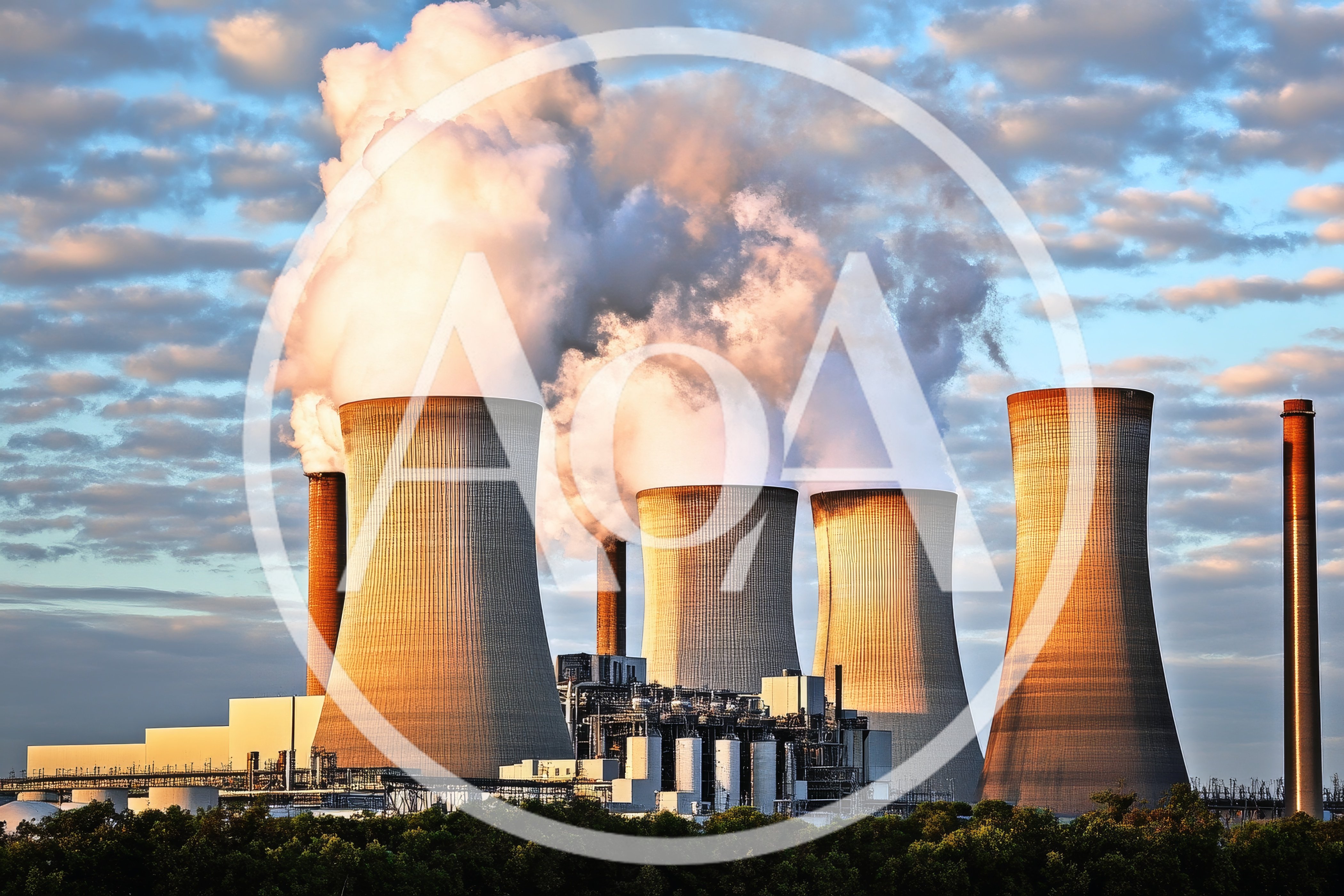 Industrial Cooling Towers Emitting Steam At Power Plant