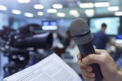 Reporter Holding Microphone In A Television News Studio