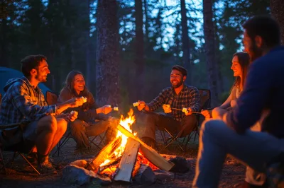 Friends Roasting Marshmallows Over A Campfire At Night