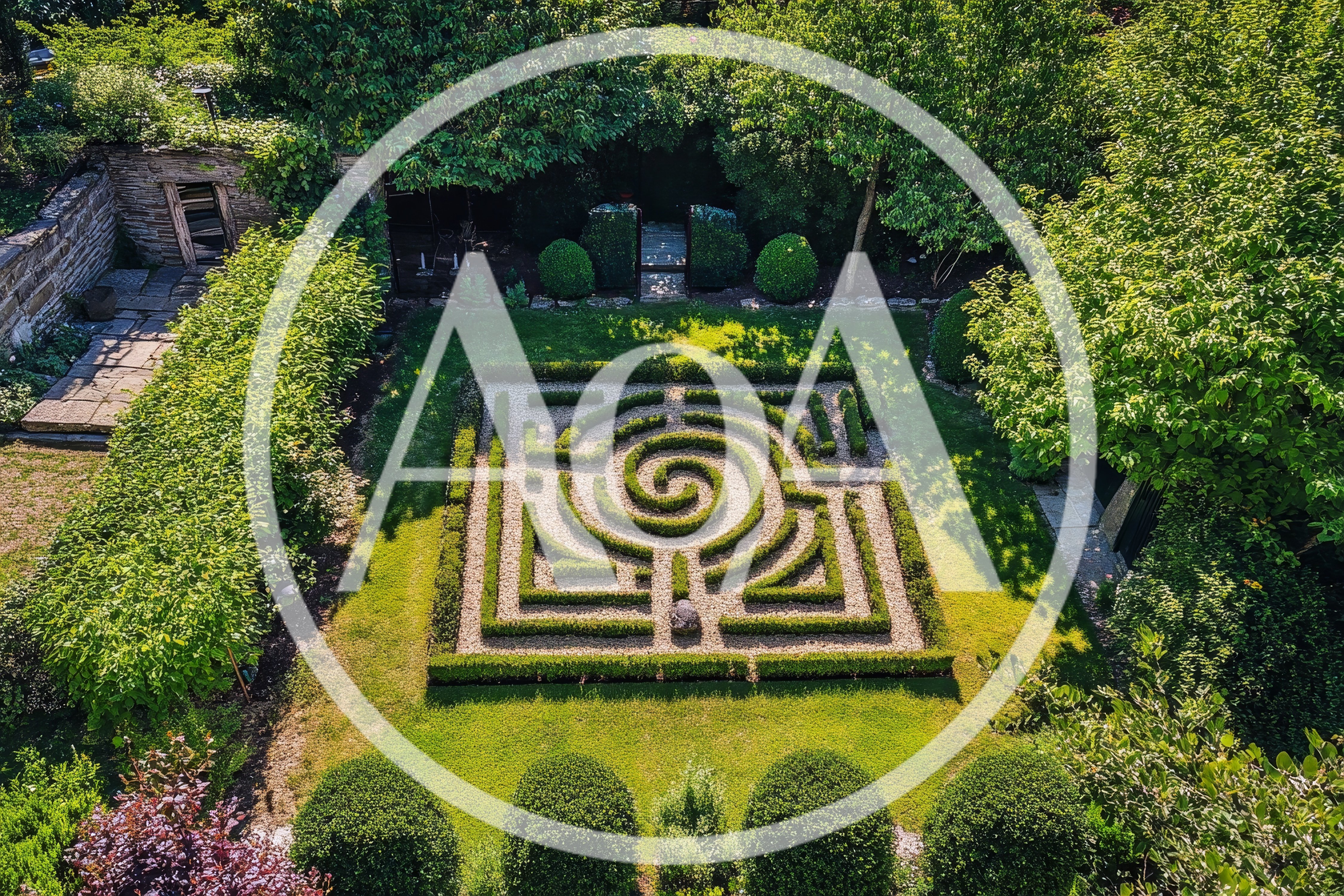 Aerial View Of A Formal Boxwood Garden Maze