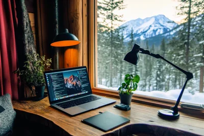 Laptop With Code Editor On Wooden Desk By Window