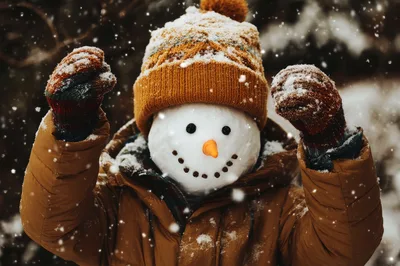 Child Wearing Snowman Head Mask In Winter