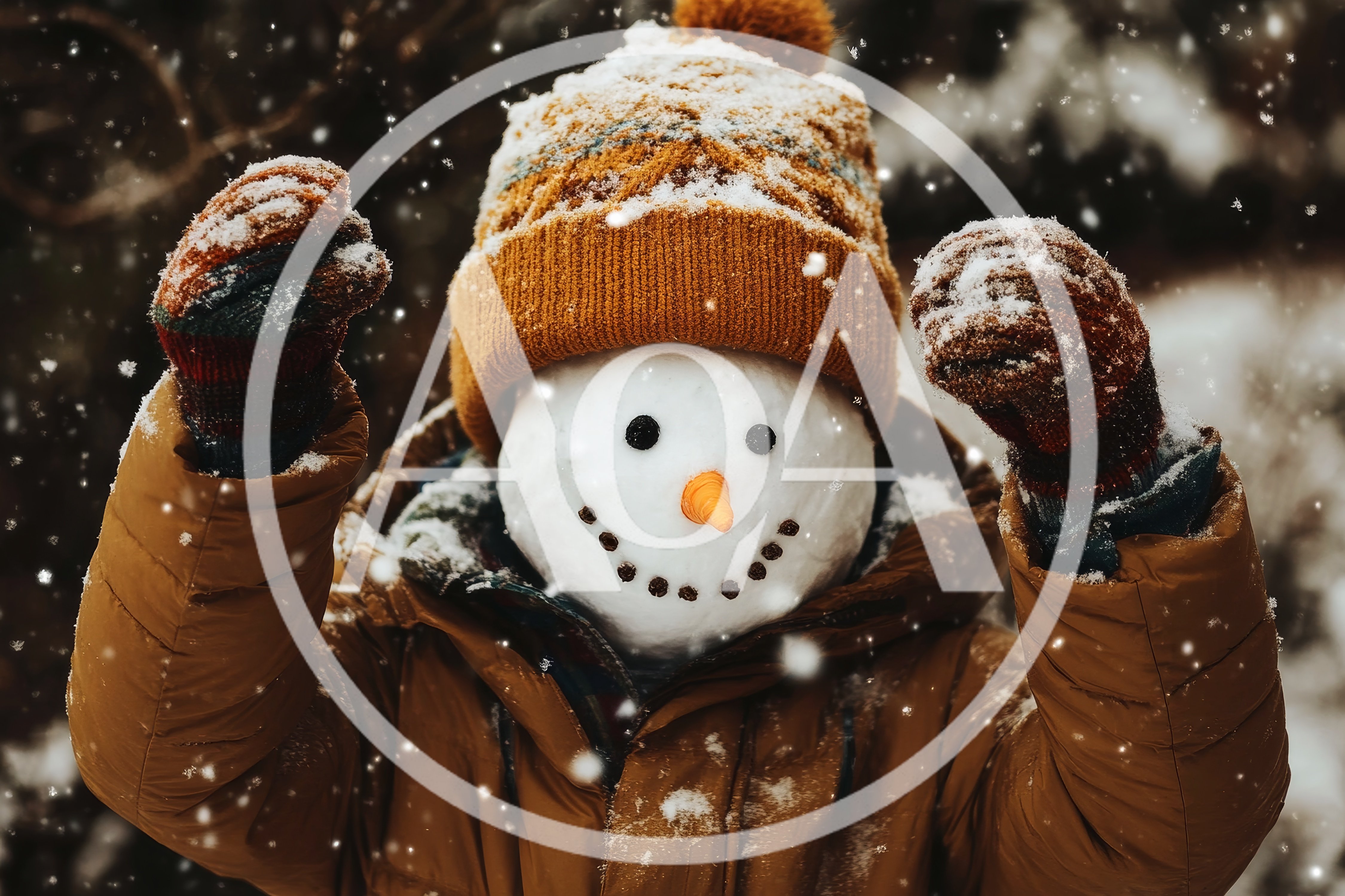 Child Wearing Snowman Head Mask In Winter
