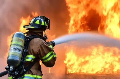 Firefighter Extinguishing Intense Building Fire With Hose