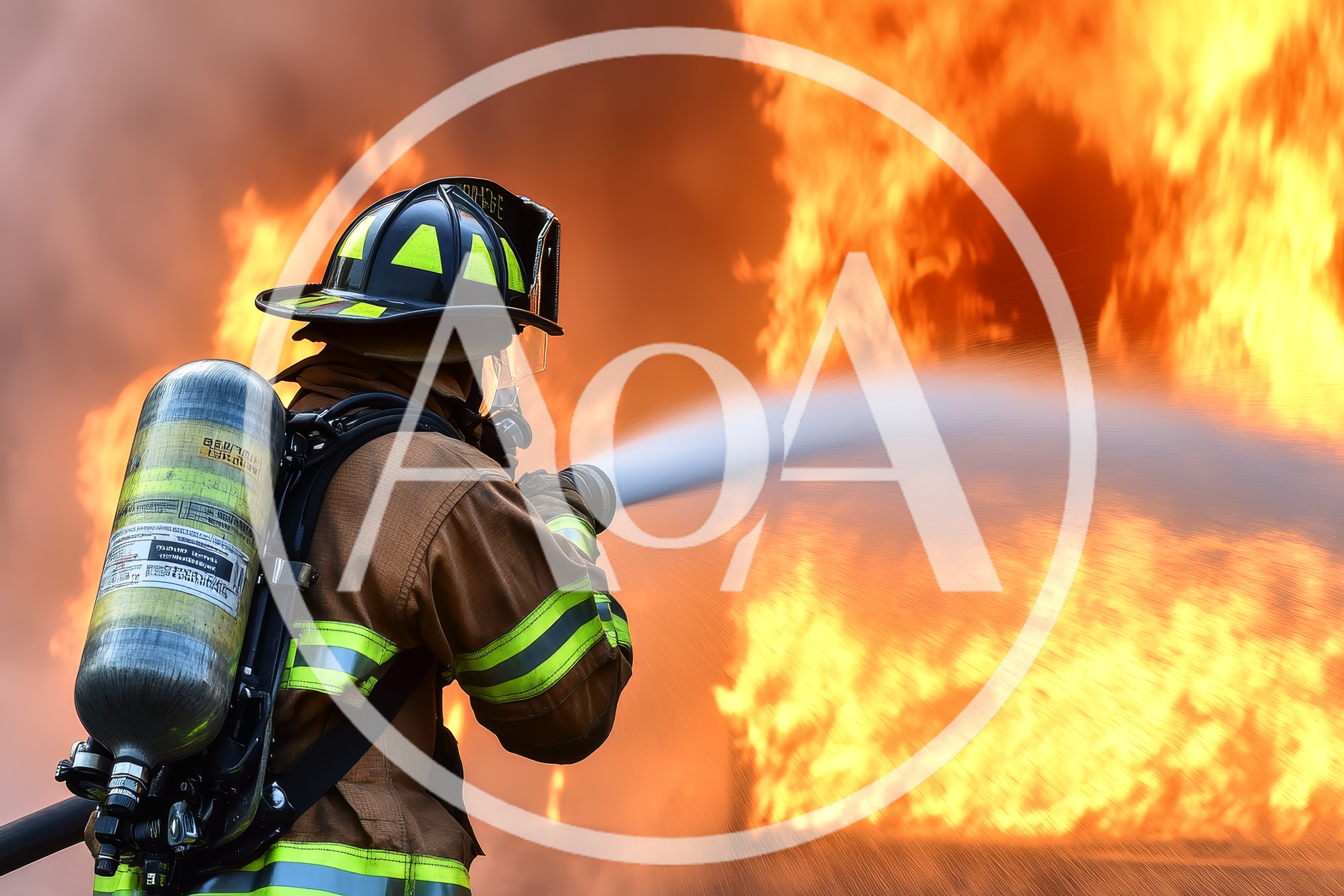 Firefighter Extinguishing Intense Building Fire With Hose