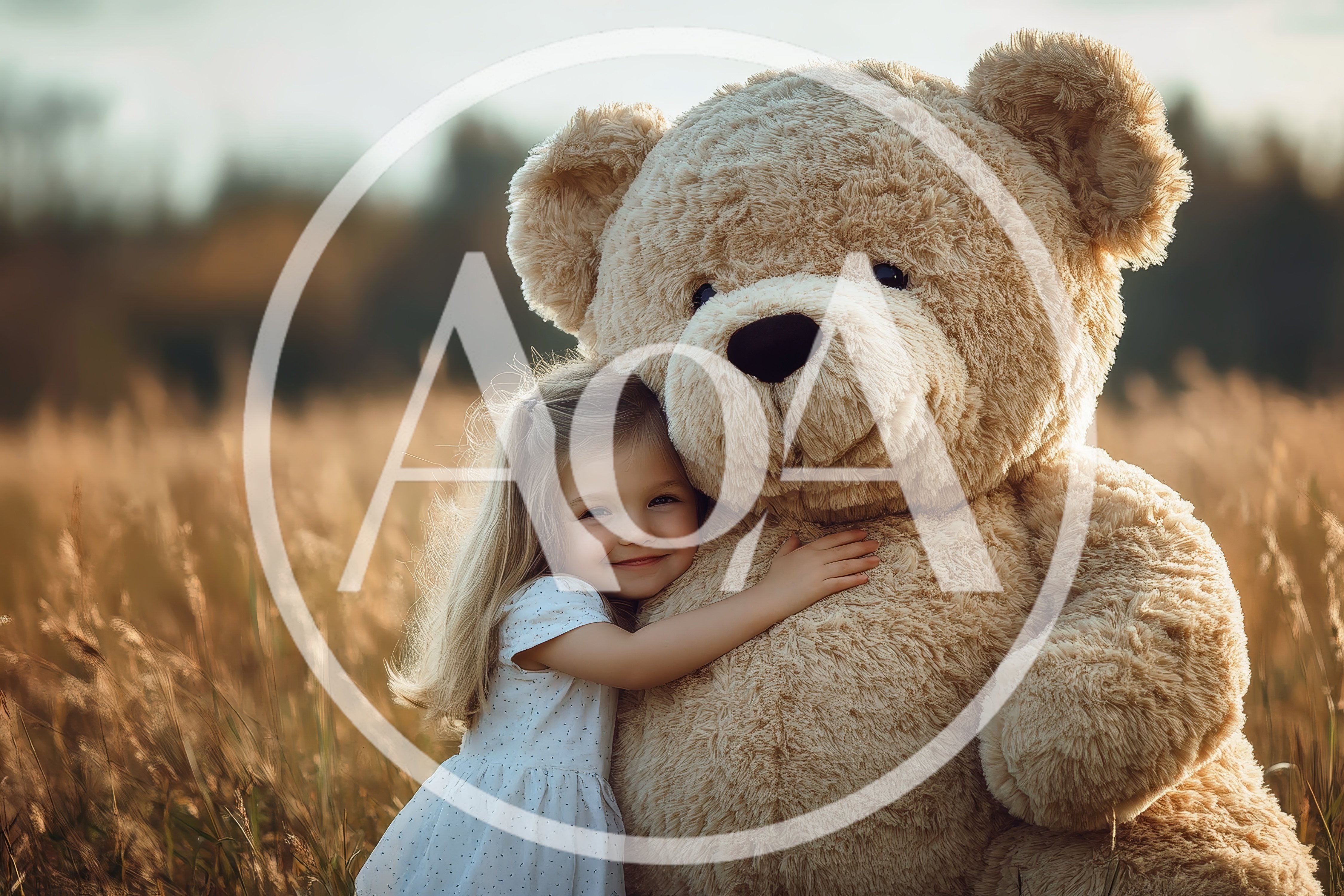 A little girl and a huge teddy bear cuddling.