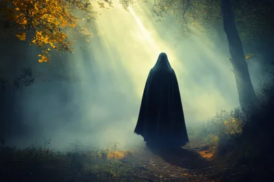 Mysterious Cloaked Figure Standing In A Misty Forest