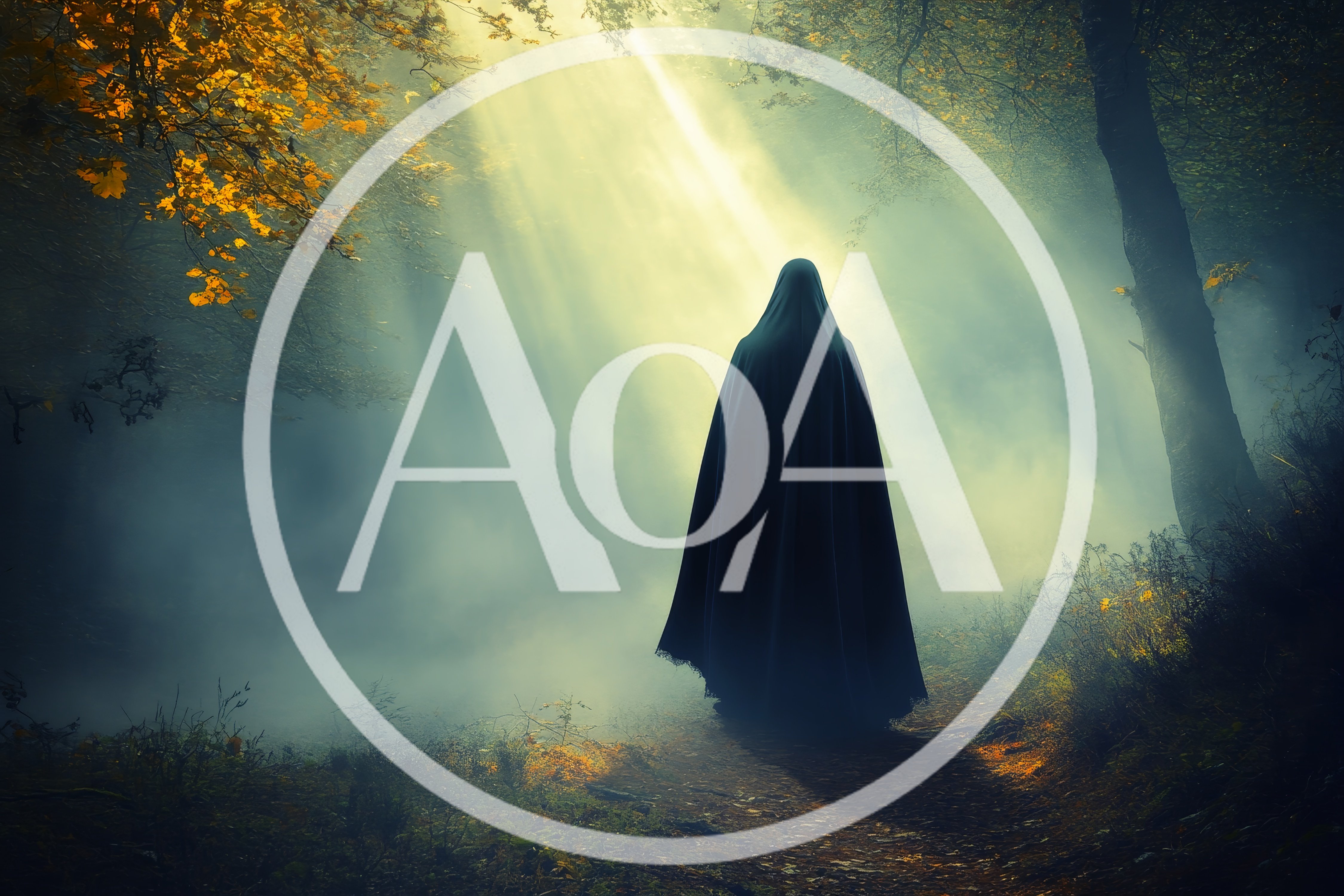 Mysterious Cloaked Figure Standing In A Misty Forest