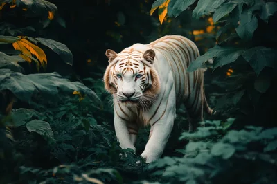 Majestic White Tiger Walking Through Dense Tropical Jungle