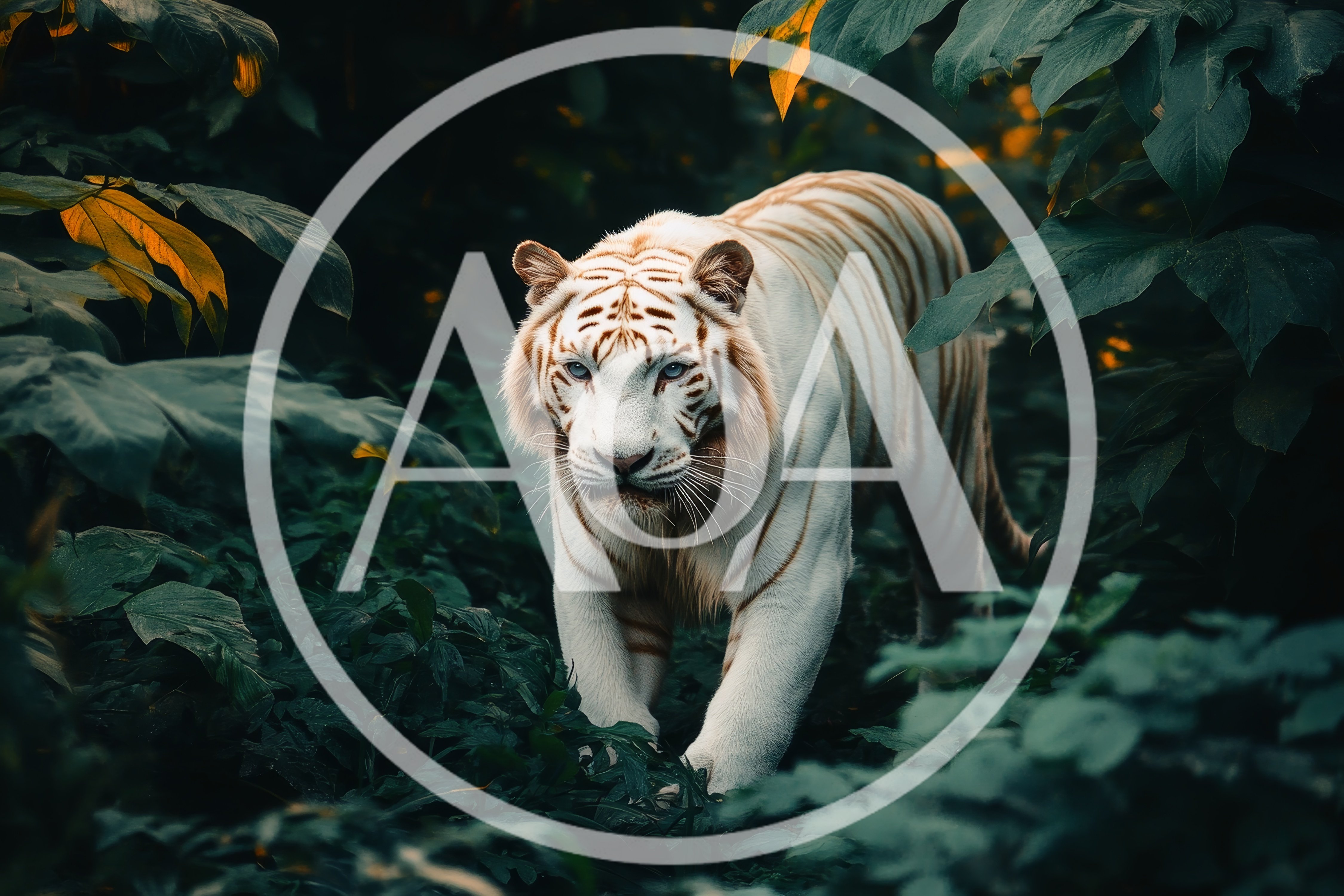 Majestic White Tiger Walking Through Dense Tropical Jungle