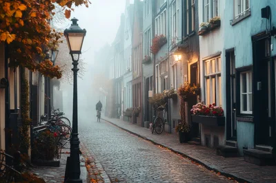 Cyclist Riding Down A Misty Cobblestone Street