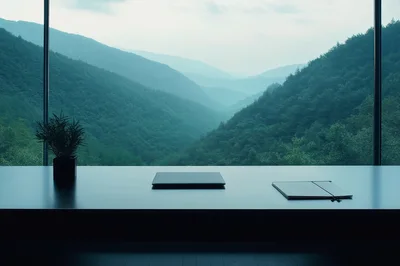 Minimalist Office Desk Overlooking A Lush Mountain Valley