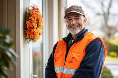 Smiling Mature Construction Worker Standing At Front Door