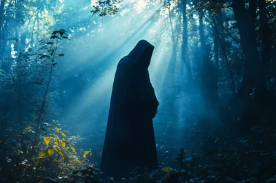 Mysterious Hooded Figure Standing In A Misty Forest
