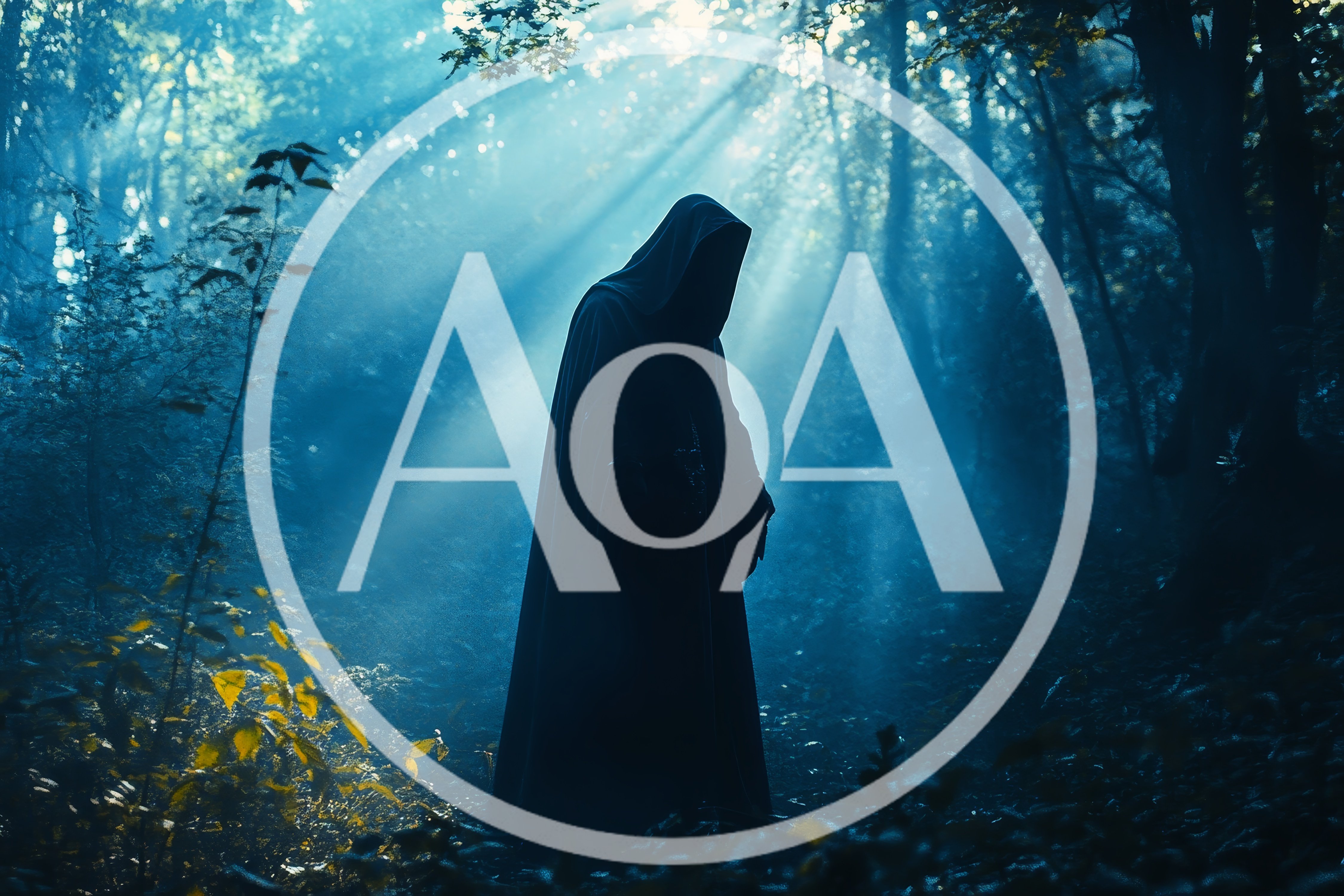 Mysterious Hooded Figure Standing In A Misty Forest