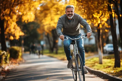 Mature Man Cycling Through Autumn Park